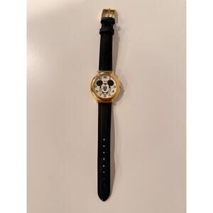 VTG Jaz Mickey Mouse Watch Face Disney Black Leather Band Movt Japan WORKS
